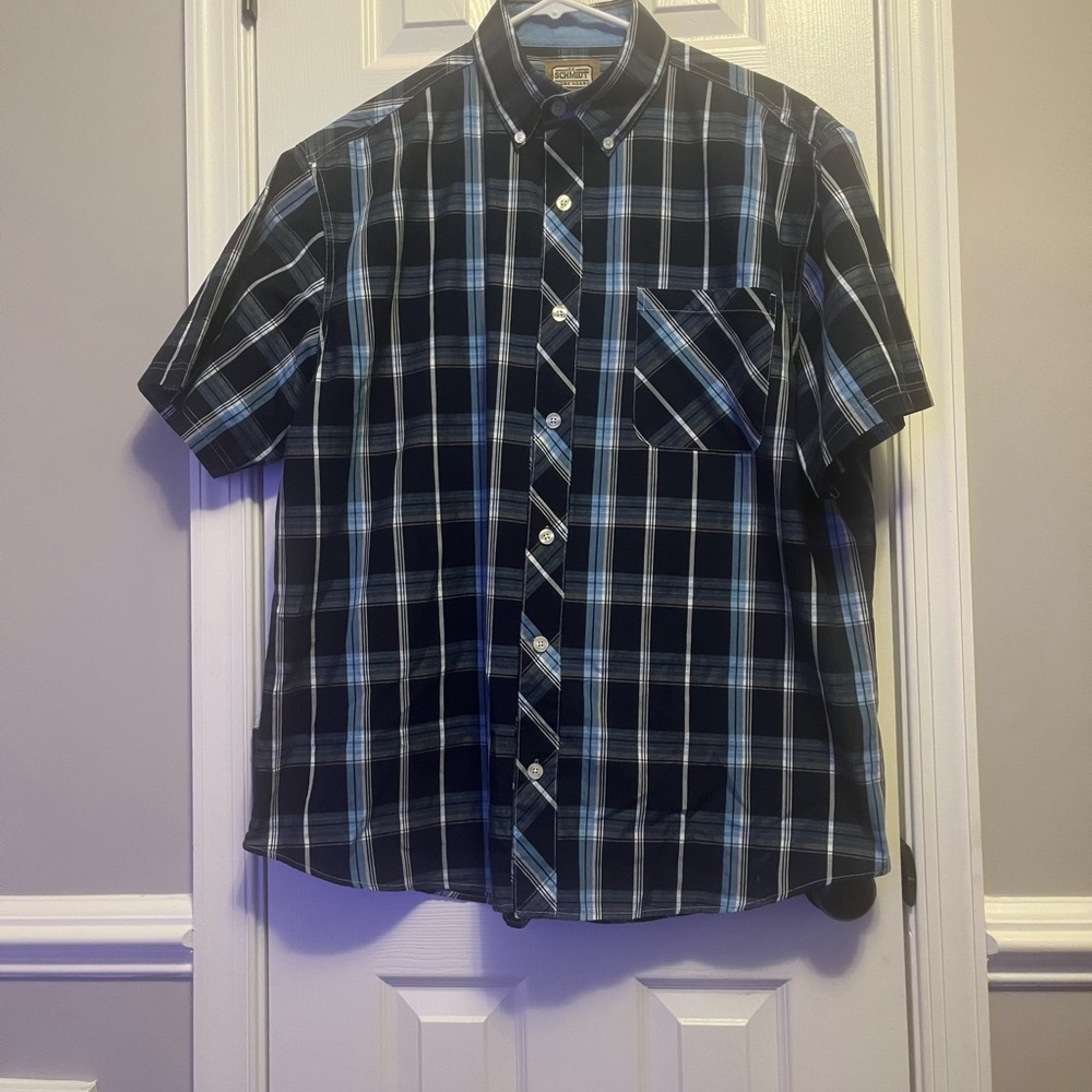 C.E. Schmidt Workwear Button Down‎ Short Sleeve Shirt Blue White Plaid Men's XL